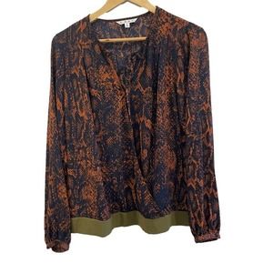 CAbi Blouse Womens Medium Navy Blue Orange Snake Print Long Sleeves Wrap #101